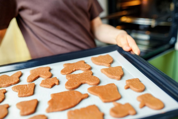 Biscotti fatti in casa di varie forme su un tappetino in silicone resistente al calore su una teglia da forno verranno cotti in forno Messa a fuoco morbida selettiva