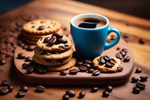 biscotti fotografici con chicchi di tazza di caffè posizionati su un piatto di legno con sfondo di alta qualità