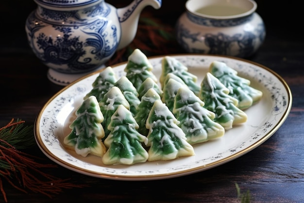 Biscotti gelidi dell'albero di pino su un piatto di ceramica