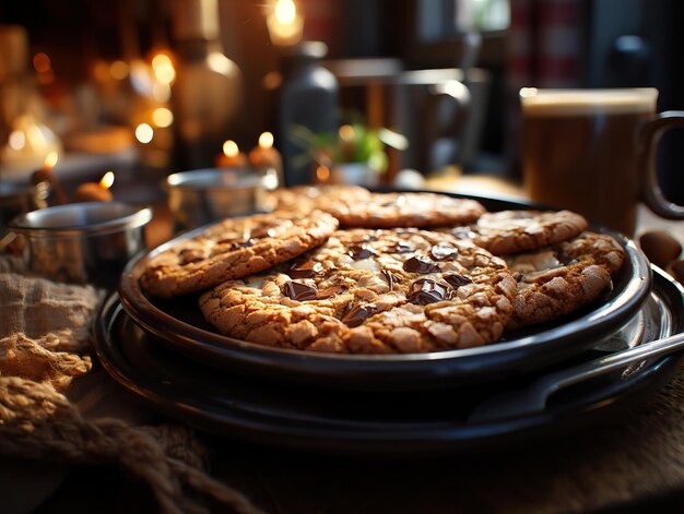 Biscotti in un piatto e latte su uno sfondo sfocato AI generativa