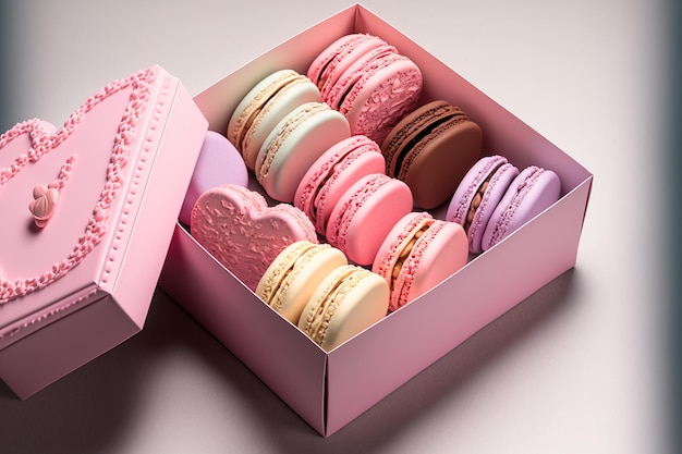 Biscotti in una scatola di amaretti su un tavolo bianco Scatola di biscotti francesi Scatola di dolci macarons macarons vibranti tradizionali dalla Francia presenti per San Valentino macarons a forma di cuore rosa