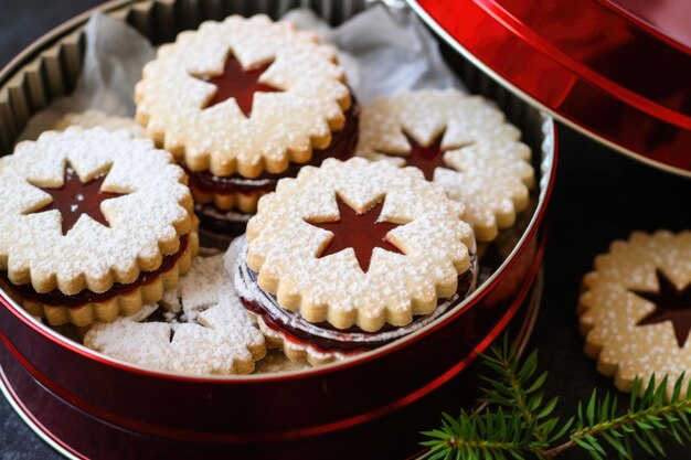 Biscotti Linzer ripieni di marmellata in una scatola di biscotti