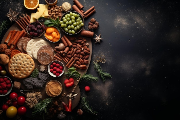 Biscotti natalizi alle spezie, snack agli agrumi su sfondo nero Vista dall'alto con spazio per la copia