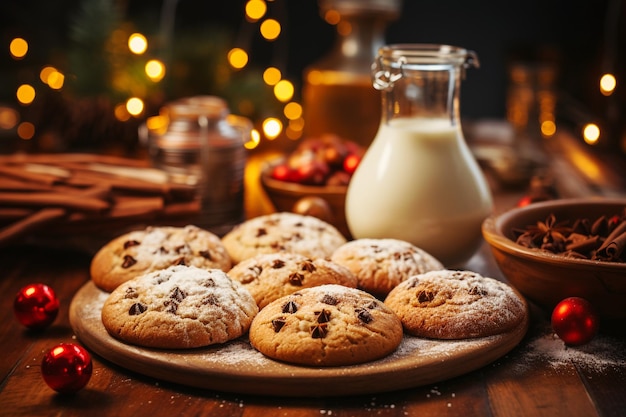 Biscotti natalizi con latte e dolci leggeri con cioccolato tradizionale cottura delle vacanze