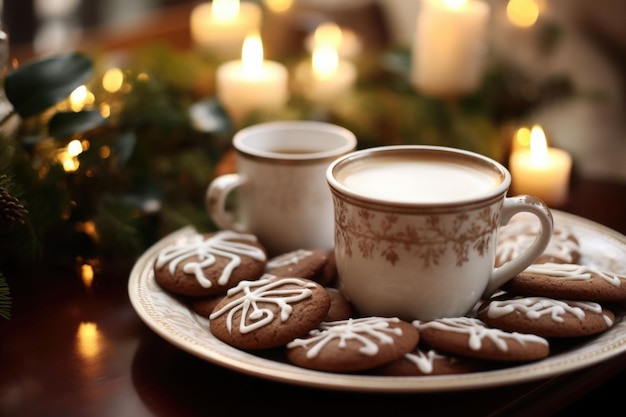 Biscotti natalizi e cioccolata calda per un'accogliente celebrazione Biscotti di pan di zenzero fatti in casa Generati dall'intelligenza artificiale