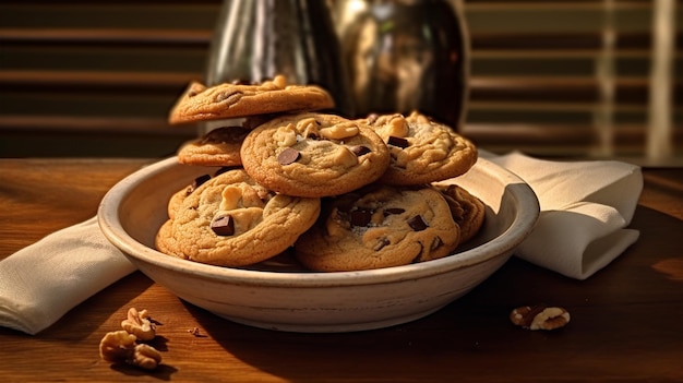 Biscotti tradizionali con pezzi di cioccolato in un piatto su uno sfondo vicino dessert AI generato