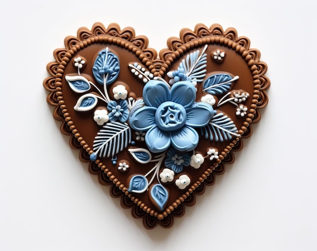 biscotto a cuore piccolo con fiore blu e nastro su sfondo bianco