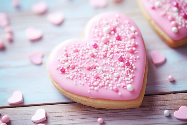 Biscotto a forma di cuore con glassa rosa e spruzzate di cuore regalo di San Valentino Illustrazione generativa di AI