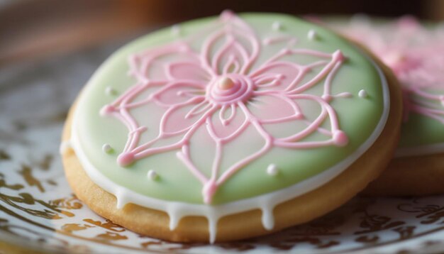 Biscotto gourmet fatto in casa con glassa rosa su un piatto decorativo generato dall'intelligenza artificiale