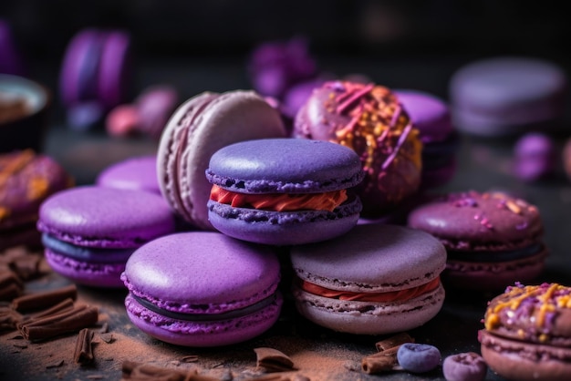 Biscotto macaron assortito di dolci francesi viola ai