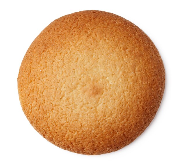 Biscotto rotondo d'oro esposto su uno sfondo bianco con una consistenza liscia e una forma uniforme perfetto per i dessert