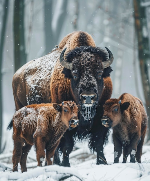 Bisonte europeo in una foresta invernale