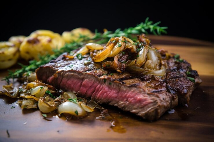 Foto bistecca alla fiorentina con cipolla caramellata bisteccca alla fiorentina immagine