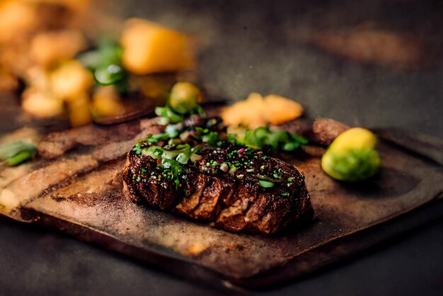 Bistecca alla griglia di manzo Yummy su un tavolo Cibo delizioso Bistecca di pollo cibo fotografia food styling