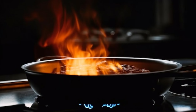 Bistecca alla griglia sfrigola sul fornello superiore riempiendo la cucina di fumo generato dall'intelligenza artificiale