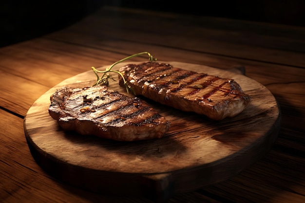 bistecca alla griglia su piatto di legno succosa e pronta da mangiare generata