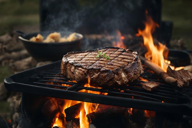 Bistecca alla griglia su un fuoco aperto