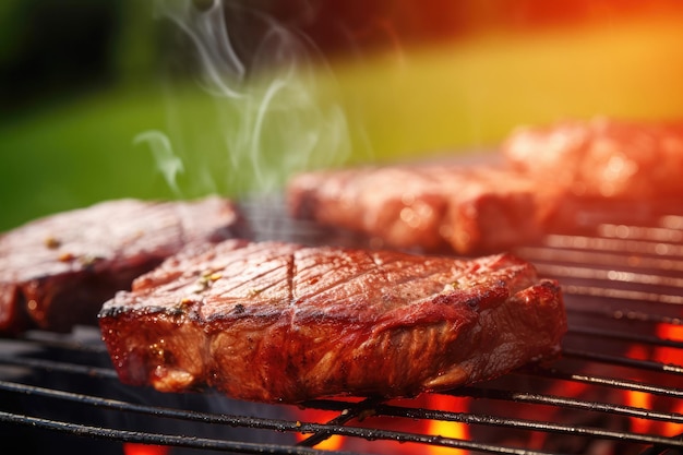 bistecca alla griglia su una griglia di barbecue in fiamme nella natura estiva