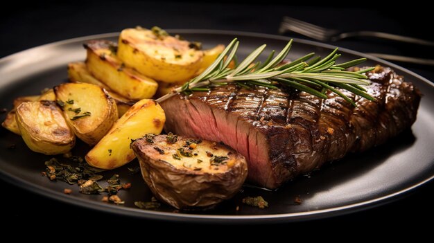 bistecca con patate su piatto nero fotografia alimentare