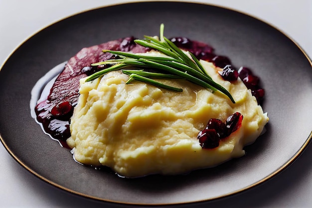 Bistecca di anatra fritta in salsa con purè di patate ed erbe aromatiche sul piatto al ristorante