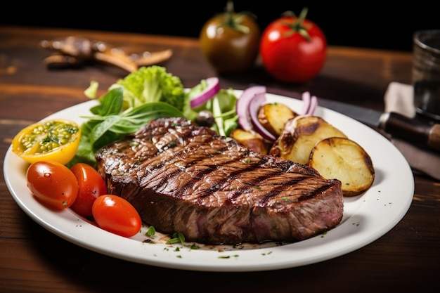 bistecca di carne alla griglia con patate fritte e rosmarino in piatto su fondo di legno