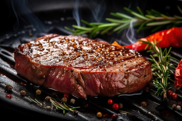 Bistecca di carne alla griglia con spezie e rosmarino in padella