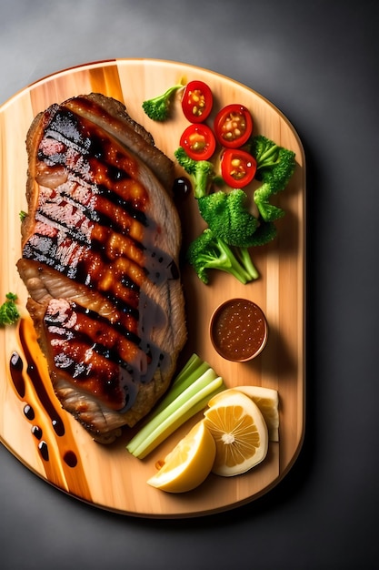 Bistecca di carne alla griglia su una tavola di legno con spazio per la copia Al tavolo invecchiato Vista dall'alto