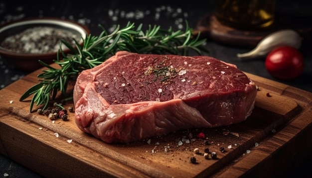 Bistecca di controfiletto appena grigliata su tavola di legno rustica generata da AI