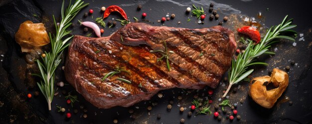 Bistecca di cowboy alla griglia con spezie ed erbe sulla tavola di ardesia Generative ai