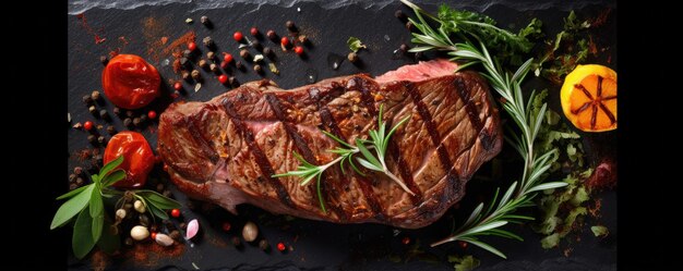 Bistecca di cowboy alla griglia con spezie ed erbe sulla tavola di ardesia Generative ai