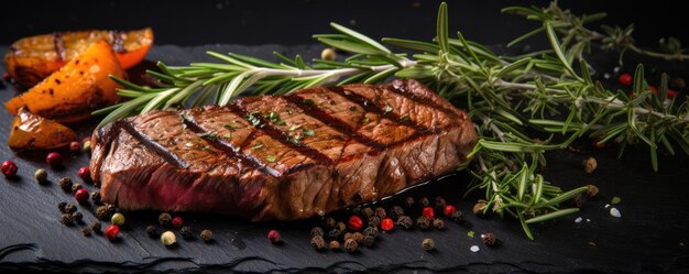 Bistecca di cowboy alla griglia con spezie ed erbe sulla tavola di ardesia Generative ai