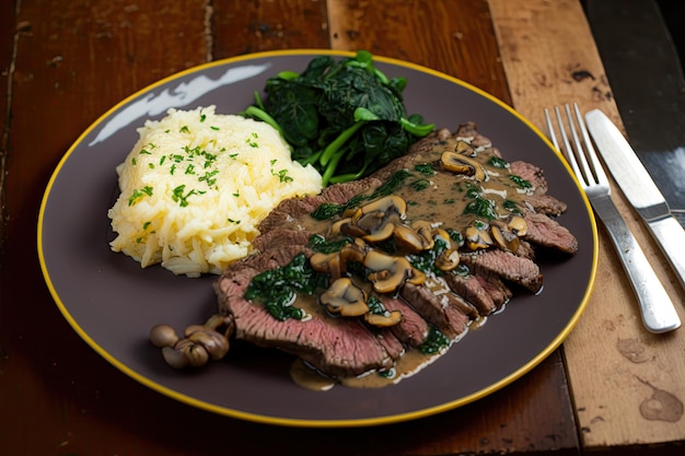 Bistecca di fianco con salsa di funghi e aglio