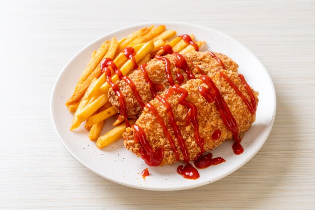 bistecca di filetto di petto di pollo fritto con patatine fritte e ketchup