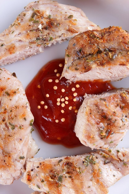 Bistecca di maiale alla griglia con spezie su un tavolo Bistecca di maiale con forchetta in legno e salsa di pomodoro su un piatto bianco Closeup