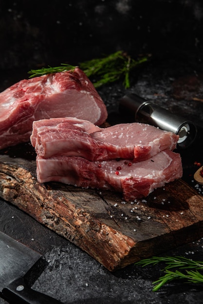 Bistecca di maiale cruda con l'osso su un tavolo di legno. Cottura della carne