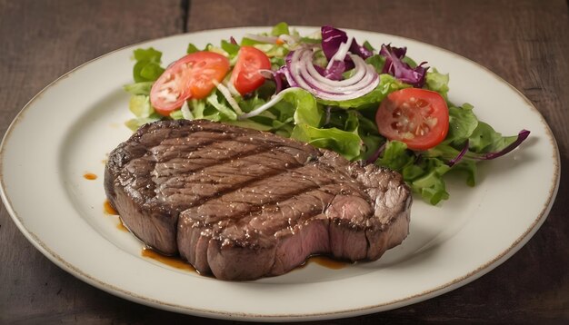 bistecca di manzo alla griglia con insalata su un piatto in stile classico