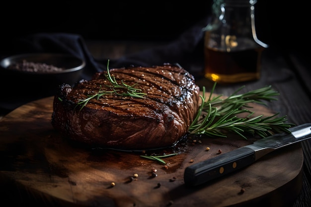 Bistecca di manzo alla griglia con rosmarino su un tagliere di legno