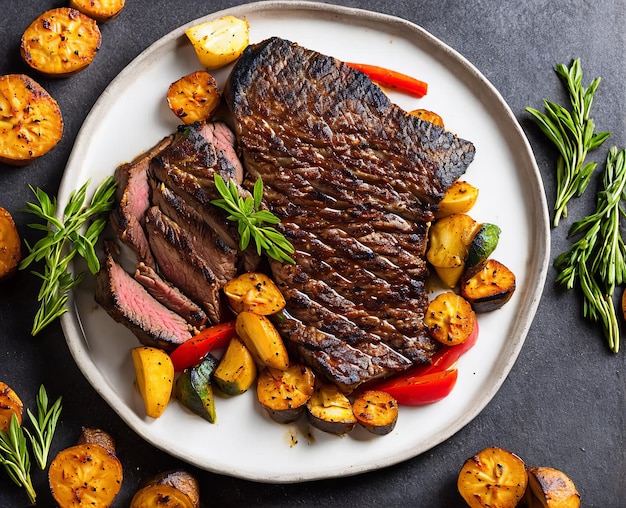 Bistecca di manzo alla griglia con verdure e spezie su un piatto su sfondo bianco vista dall'alto