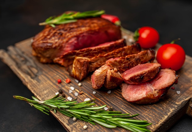 Bistecca di manzo alla griglia, erbe e spezie su un tagliere su uno sfondo di pietra, vista dall'alto