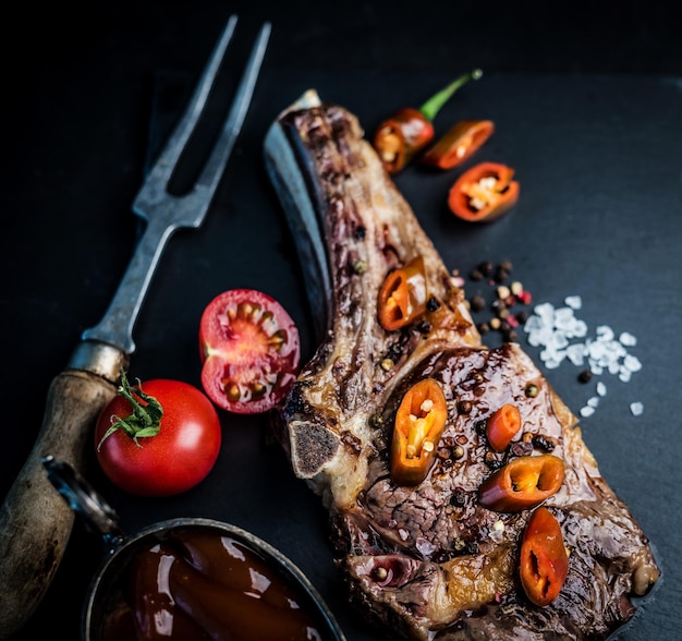 Bistecca di manzo alla griglia servita con pomodori peperoncino e salsa