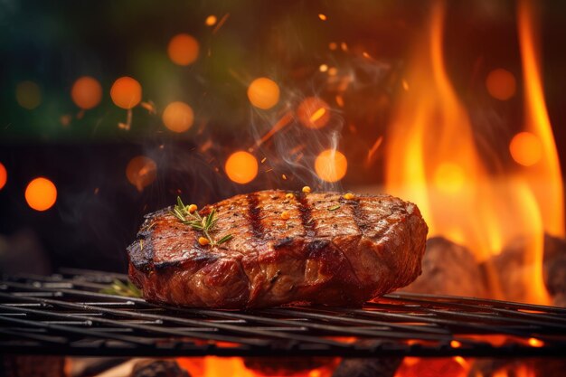 Bistecca di manzo alla griglia sulla griglia del barbecue con fiamme e sfondo bokeh Bistecca alla griglia sulla griglia del barbecue con fiamme e sfondo bokeh AI generato