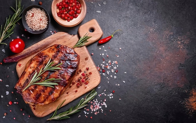 bistecca di manzo carne alla griglia su un tavolo da taglio in legno con spezie Immagine in vista superiore con spazio di copia