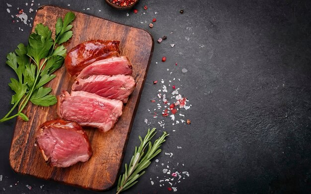 bistecca di manzo carne alla griglia su un tavolo da taglio in legno con spezie Immagine in vista superiore con spazio di copia