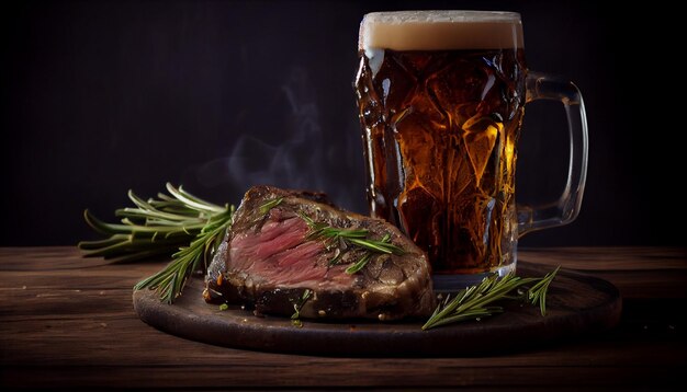 Bistecca di manzo con bicchiere di birra e rosmarino su un tavolo di legno ai generativo