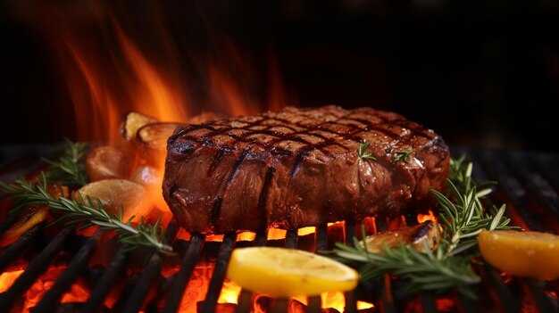 bistecca di manzo con crosta marrone grigliata su padella rovente AI generativa