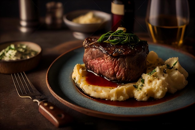 Bistecca di manzo con purè di patate ed erbe aromatiche su uno sfondo scuro ai generativo