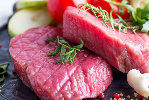 Bistecca di manzo cruda sull'osso con verdure fresche in un primo piano padella griglia