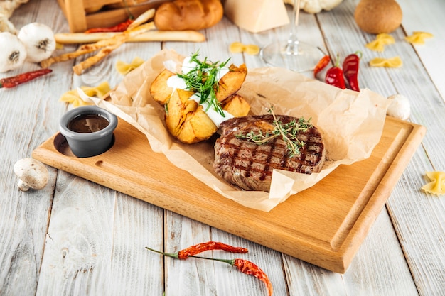 Bistecca di manzo da cowboy con patate al forno e panna acida