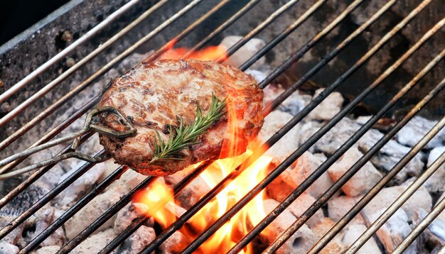 Bistecca di manzo matura arrostita con rosmarino e pinze di ferro sulla griglia a carbone ardente con fiamma di fuoco