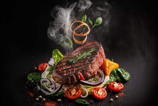 Bistecca di manzo prodotto studio foto sfondo nero scuro insalata di pomodoro fresco con cipolla Illustrazione di intelligenza artificiale generativa